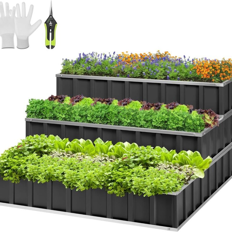 VIVOSUN 3-Tier Metal Raised Garden Bed, 46" x 46" x 24" Galvanized Steel Metal Outdoor Planter Box with Gloves and Scissors to Grow Flowers, Vegetables and Herbs for Outdoor Gardening, Dark Gray