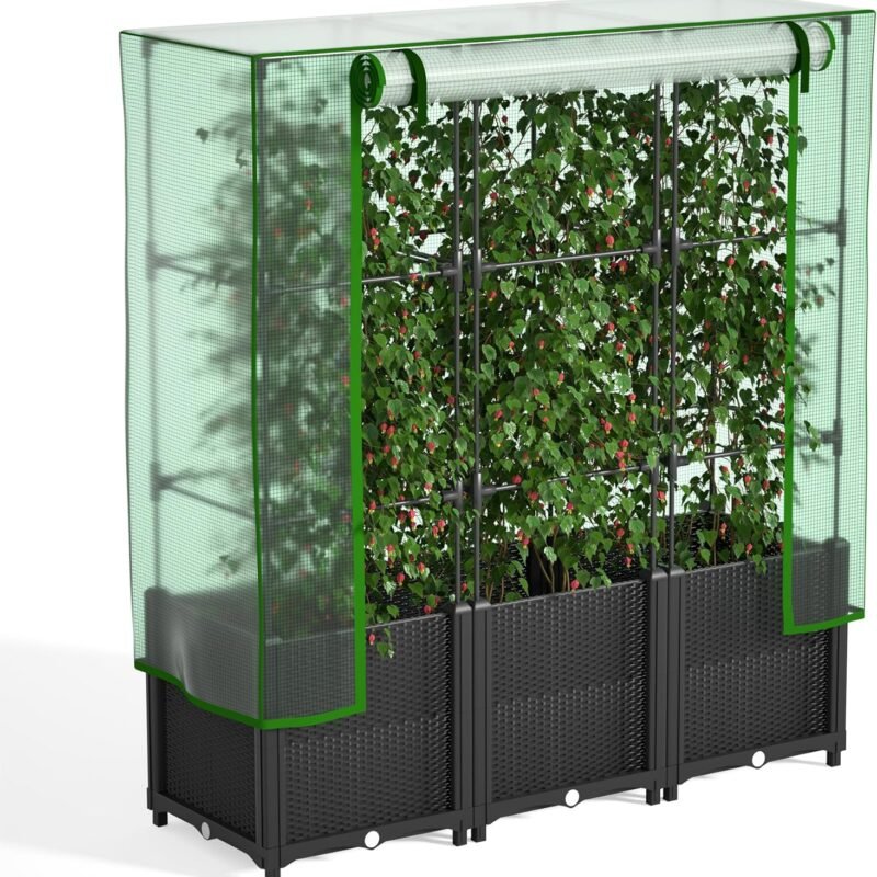 48'' x 16'' x 55.5'' Plastic Raised Garden Bed with Greenhouse Cover and Trellis, Vertical Tomato Planters for Climbing Plants, Self Watering System Tomatoes Cage for Patio,Black,Large