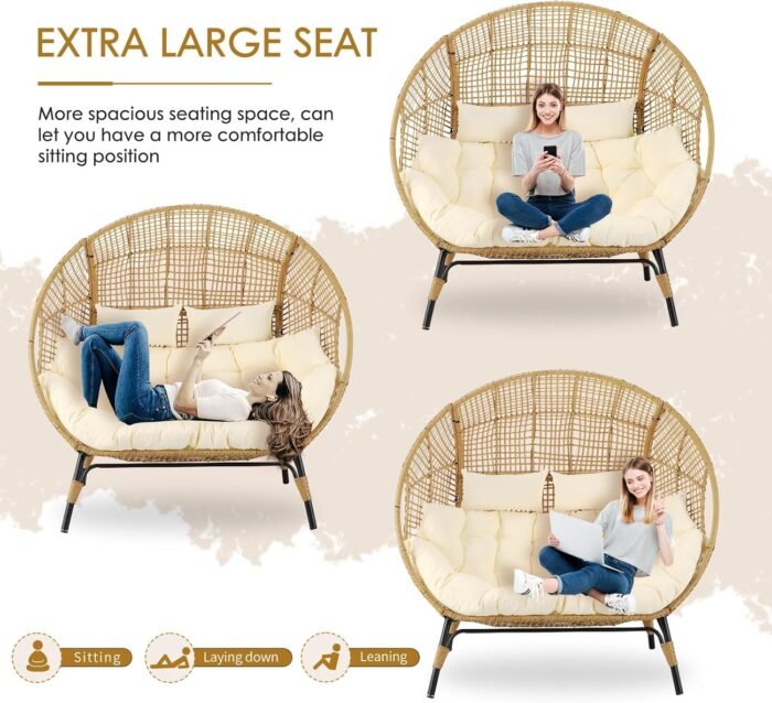 NICESOUL® Double Egg Chair Indoor Outdoor Stationary Oversized Thicken Padded Cushions,2 Person Egg Loveseat Chair,680 lbs Extra Large Lounge Chair for Patio Balcony Porch Backyard Beige, Xmas Gift - Image 8