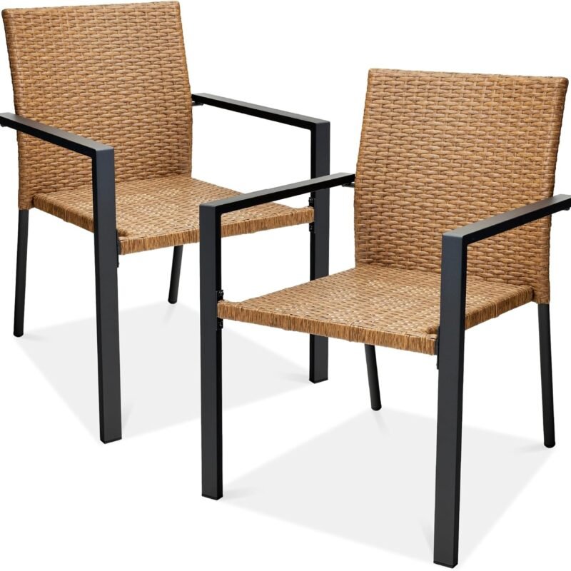 Best Choice Products Set of 2 Stackable Outdoor Wicker Dining Chairs All-Weather Firepit Armchair w/Armrests, Steel Frame for Patio, Deck, Garden, Yard - Natural