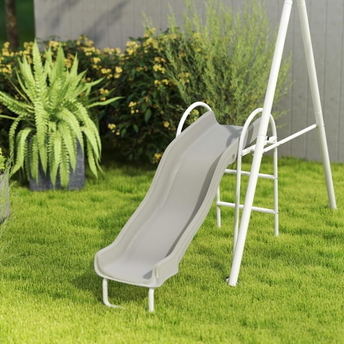 Outsunny Swing Set for Backyard, 5 in 1 Heavy-Duty A-Frame Stand Outdoor Playset for Kids with 29.5" Saucer Swing, Slide, Seesaw, Glider, Swing Seat, Gray - Image 9
