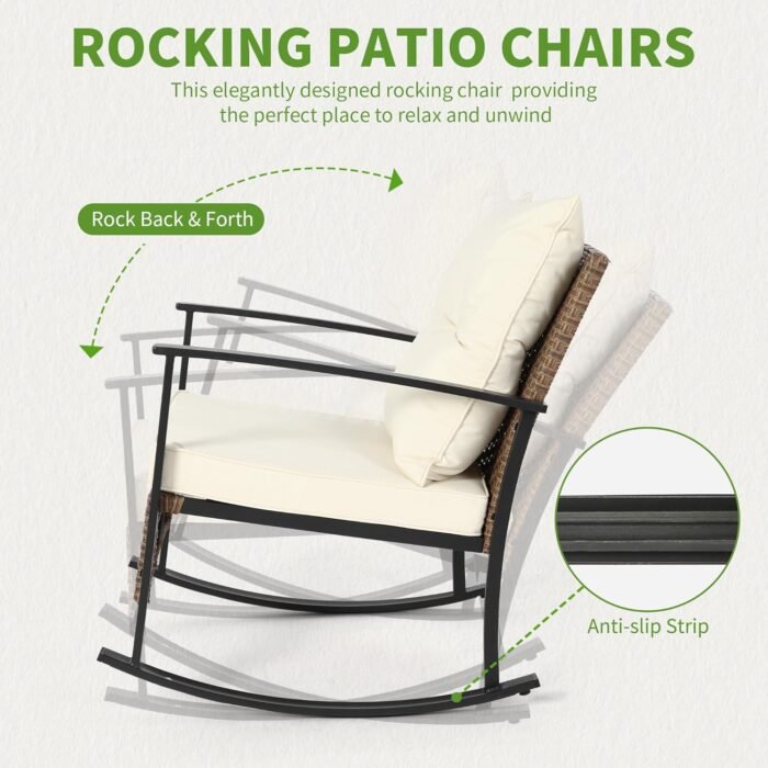 HOMEFUN Outdoor Rocking Chair Set with Cushions and 2-Tier Coffee Table, Rattan Wicker 3 Pieces Patio Bistro Furniture Sets for Garden, Porch, Balcony, Backyard Cream - Image 2