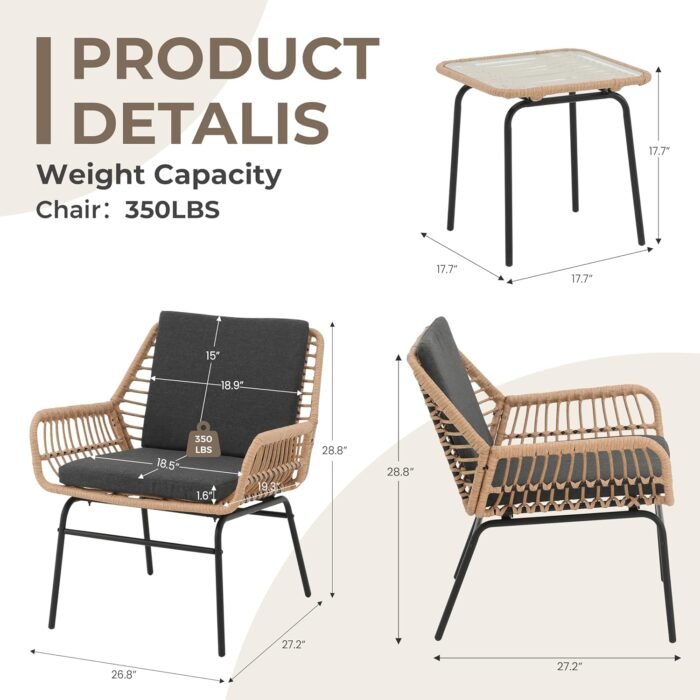 3 Piece Outdoor Patio Furniture Set, Rattan Conversation Sets, All-Weather Wicker Chairs with Cushions and Coffee Table, for Garden Balcony Courtyard Poolside - Image 3