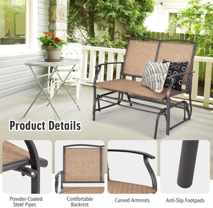 Tangkula 2-Person Patio Glider Bench, Outdoor Rocker Glider Loveseat Chair W/Heavy-Duty Steel Frame, Breathable Seat Fabric, Rocking Lounge Chair for Poolside, Garden, Backyard (Brown) - Image 9