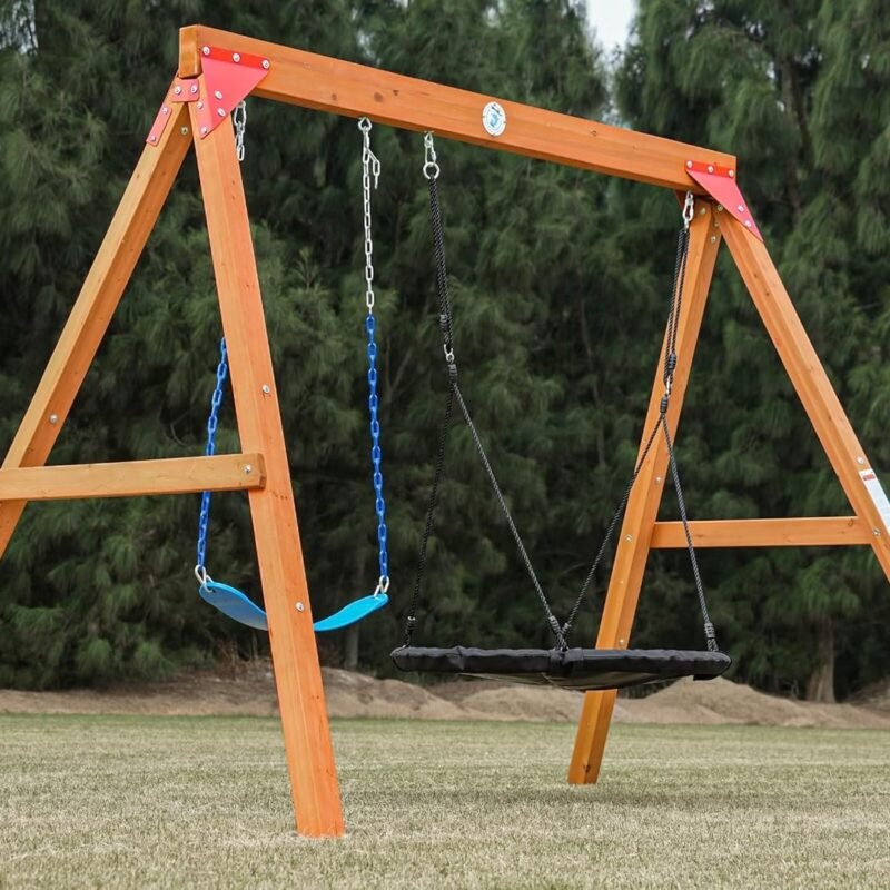 Dolphin Playground DIY Swing Sets for Backyard, Wooden Playground Sets for Backyards with Saucer Swing and Belt Swing, Kids Outdoor Play Equipment, Outdoor Playset for Any Swing Replacements