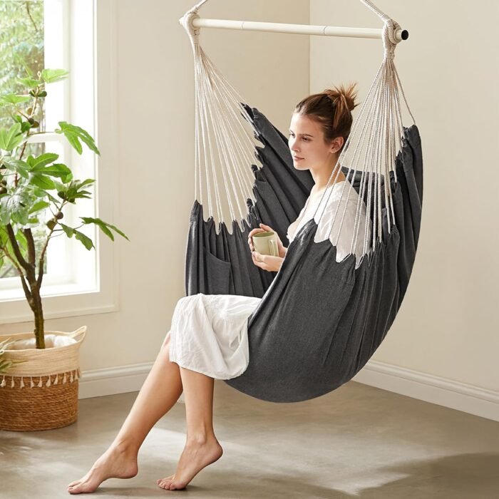 SONGMICS Hammock Chair, Load Capacity 500 lb, Hanging Chair with 2 Cushions, Large Hammock Swing with Chain and Pocket, for Indoor, Outdoor, Living Room, Bedroom, Slate Gray UGDC197G02