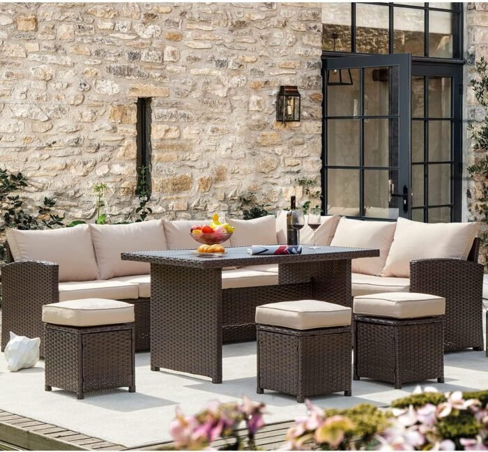 AECOJOY Patio Furniture Set, 7 Pieces Outdoor Patio Furniture with Dining Table&Chair, All Weather Wicker Conversation Set with Ottoman, Brown Rattan&Khaki Cushion - Image 2