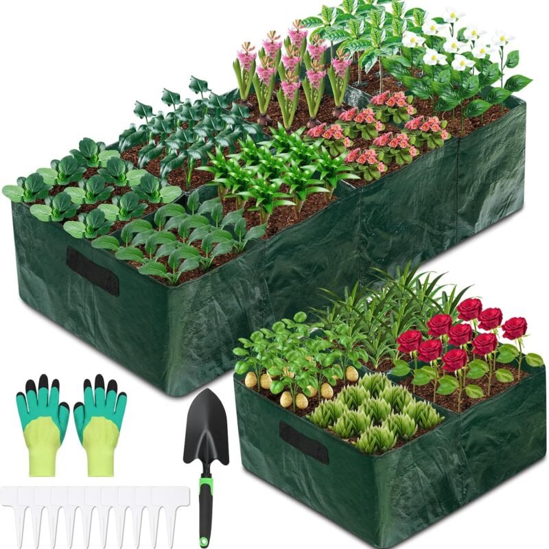 2Pcs Fabric Raised Garden Bed 8Girds Breathable Planting Containers and 4Girds Planters PE Planting Bed with Drainage Holes 128 Gallon Rectangle Garden Grow Bags for Outdoor Vegetables Fruits Flower