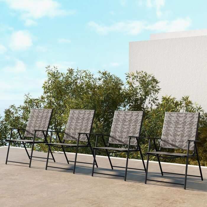 Tangkula Set of 4 Patio Folding Chairs, Outdoor Wicker Dining Chairs with Armrests, Portable Lawn Chairs with Metal Frame for Garden, Backyard, Poolside, No Assembly (4, Mix Gray) - Image 2