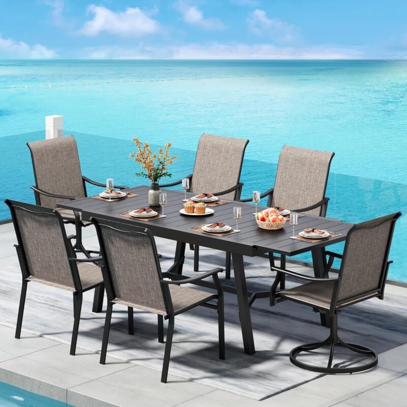 PHI VILLA 7 pcs Outdoor Dining Set, 6 Swivel Dining Chairs and Extendable Dining Table,No Umbrella Hole,Sling Fabric and Durable Frame,Outdoor Dining Table and Chairs for Garden