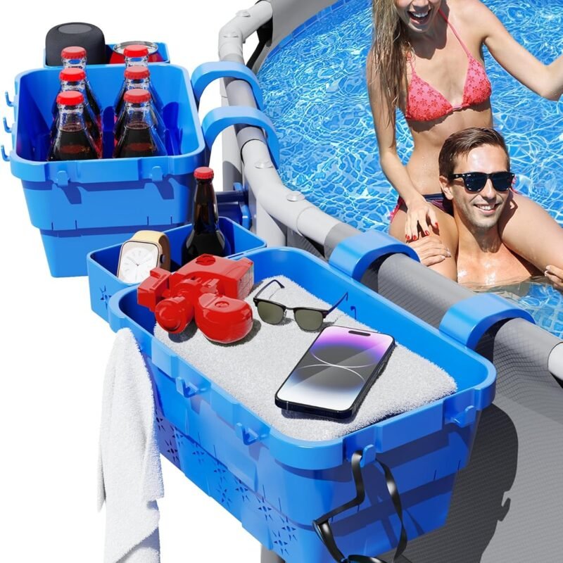 BITIWEND 2 Sets Poolside Storage Basket with Cup Holder Hooks,Above Ground Pool Accessories, Stretchable Pool Toy Basket Pool Accessories for Most Above Pool Blue