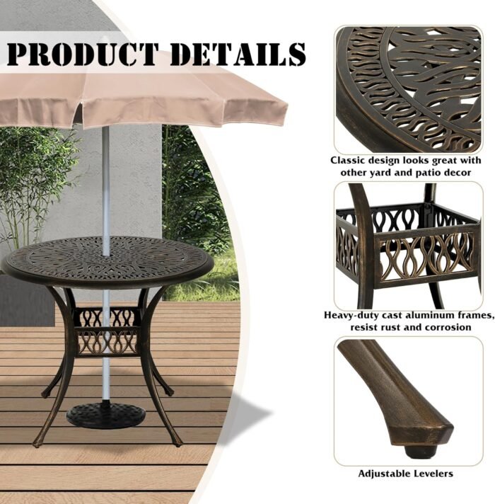 35.4in Round Cast Aluminum Patio Bistro Table, Outdoor Dining Table with 2" Umbrella Hole, Weather-Resistant Table for Porch, Backyard, Garden, Balcony, Bronze (35.4" Round Table) - Image 5