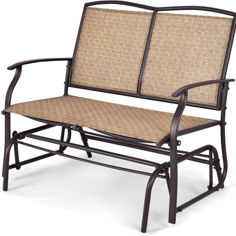 Tangkula 2-Person Patio Glider Bench, Outdoor Rocker Glider Loveseat Chair W/Heavy-Duty Steel Frame, Breathable Seat Fabric, Rocking Lounge Chair for Poolside, Garden, Backyard (Brown)