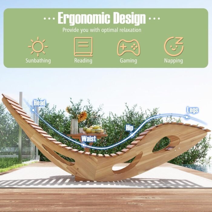 Tangkula Outdoor Chaise Lounge Chair, Acacia Wood Rocking Sun Lounger with Slatted Backrest and Seat, Wooden Rocker Lounge Chair for Patio, Garden and Poolside - Image 6
