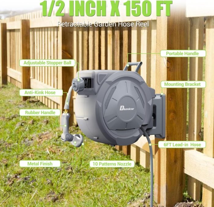 1/2" x 150 ft Retractable Hose Reel, Heavy Duty Retractable Garden Hose Reel Wall Mounted with 10-Pattern Hose Nozzle/Any Length Lock/Slow Return System/180°Swivel Bracket - Image 8