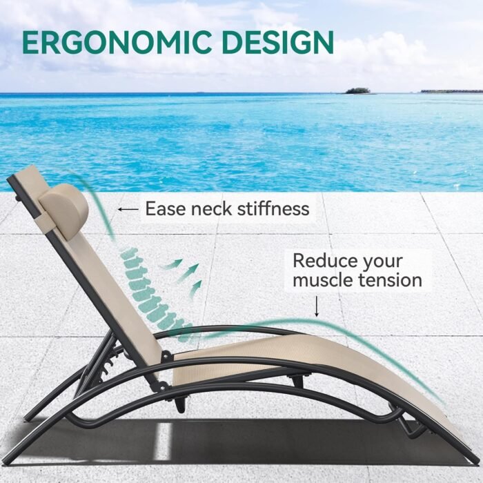 YITAHOME Outdoor Chaise Lounge Chair Set of 3, Pool Lounge Chairs with Side Table & 5-Position Adjustable Backrest, Sunbathing Recliner for Poolside, Backyard, Lawn, Deck - Khaki - Image 6