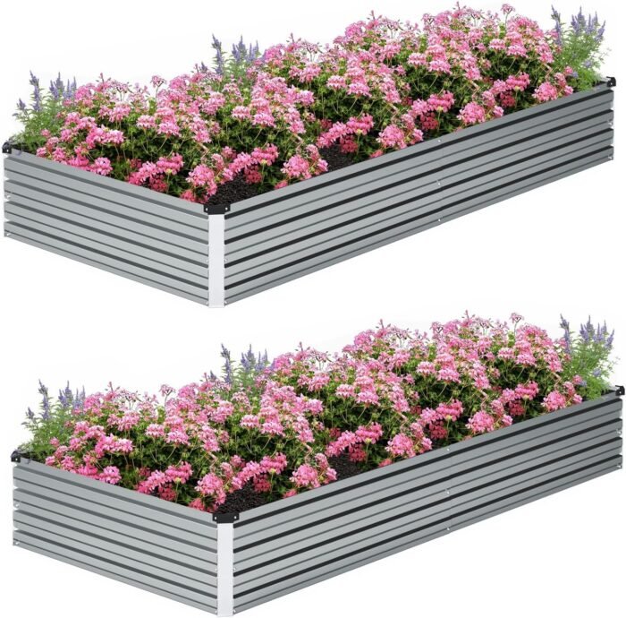 2 Pcs 8×2×1FT Galvanized Raised Garden Bed，Metal Planting Box for Outdoor Vegetable, Fruit,Planter Gardening (Silver)