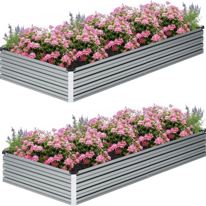 2 Pcs 8×2×1FT Galvanized Raised Garden Bed，Metal Planting Box for Outdoor Vegetable, Fruit,Planter Gardening (Silver)
