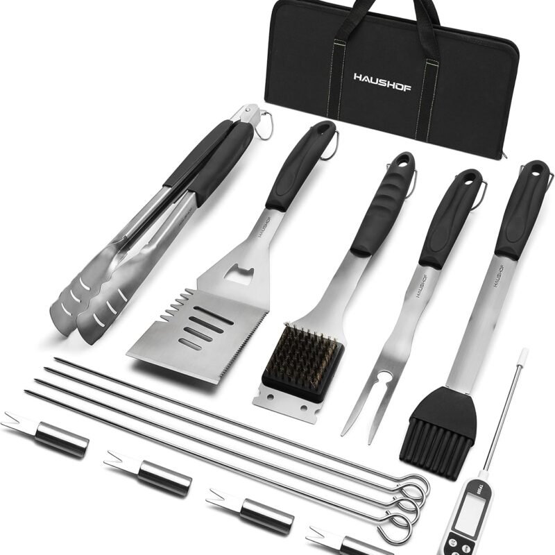 HAUSHOF Large Grilling Accessories, BBQ Grill Set, Heavy Duty Stainless Steel Barbecue Utensils with 16-1/2" Spatula, Brush, Fork, Tongs, Skewers, Thermometer, Bag, Ideal Gift, 15PCS