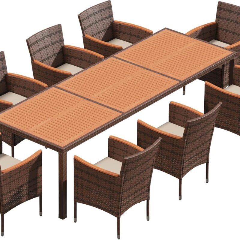 Flamaker 9 Piece Patio Dining Set Outdoor Acacia Wood Table and Chairs with Soft Cushions Wicker Patio Furniture for Deck, Backyard, Garden (Brown)