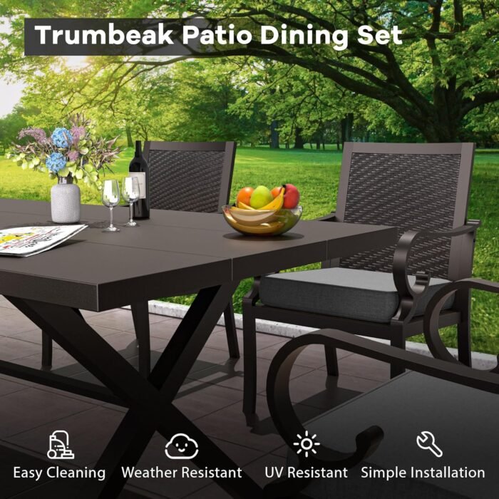 16-Piece Patio Dining Set Outdoor Conversation Set,Metal Outdoor Furniture Set with 2 Umbrella Hole Cut-Out 78.7" x 35.4" Tables and 14 Rattan Backrest Chairs for Backyard,Garden,Grey - Image 4