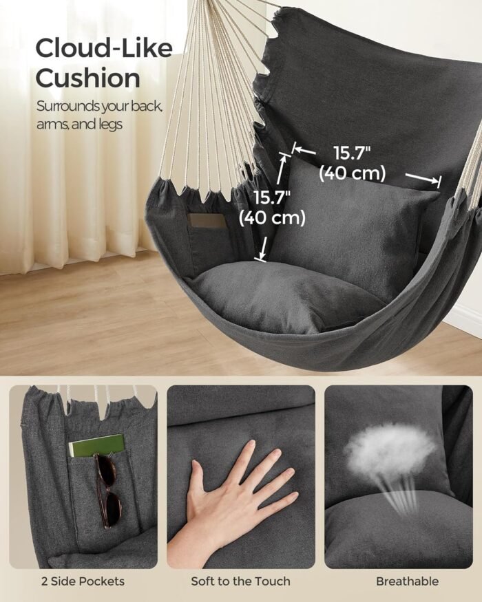 SONGMICS Hammock Chair, Load Capacity 500 lb, Hanging Chair with 2 Cushions, Large Hammock Swing with Chain and Pocket, for Indoor, Outdoor, Living Room, Bedroom, Slate Gray UGDC197G02 - Image 3
