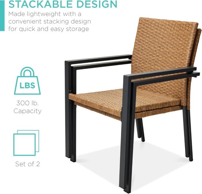 Best Choice Products Set of 2 Stackable Outdoor Wicker Dining Chairs All-Weather Firepit Armchair w/Armrests, Steel Frame for Patio, Deck, Garden, Yard - Natural - Image 4