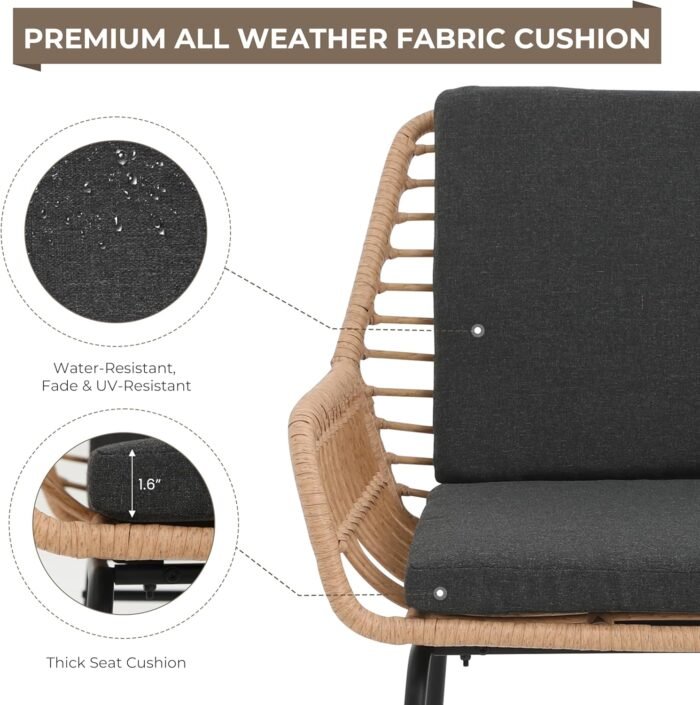 3 Piece Outdoor Patio Furniture Set, Rattan Conversation Sets, All-Weather Wicker Chairs with Cushions and Coffee Table, for Garden Balcony Courtyard Poolside - Image 4