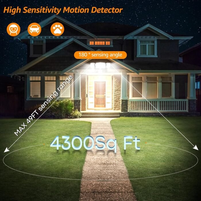 HGGH Motion Sensor Outdoor Lights - Flood Lights Outdoor Security Light Led Foodlights Ip65 Waterproof 6000k 38w 4200lm 3 Head Plug in Outside Lights for House, Backyard, Porch 2 Pack - Image 2