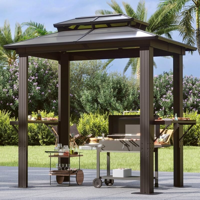 Aoxun Grill Gazebo 8 x 5FT, Outdoor Barbecue Gazebo with Double Polycarbonate Top, Aluminum Grill Canopy with Shelves for Patio, Lawn, Garden