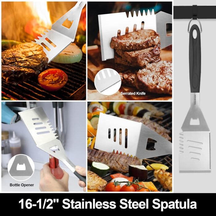 HAUSHOF Large Grilling Accessories, BBQ Grill Set, Heavy Duty Stainless Steel Barbecue Utensils with 16-1/2" Spatula, Brush, Fork, Tongs, Skewers, Thermometer, Bag, Ideal Gift, 15PCS - Image 2