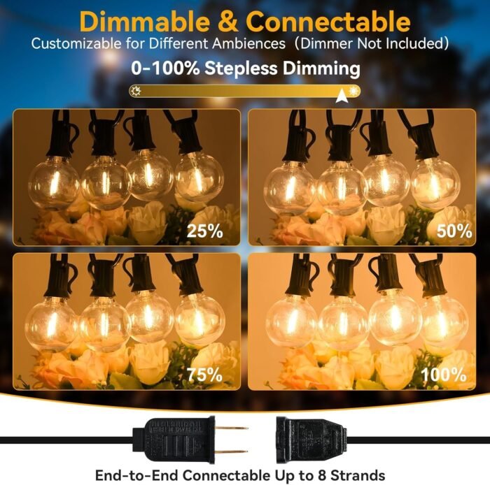 100ft Outdoor String Lights Waterproof/Connectable/Dimmable with 62 LED Shatterproof Bulbs UL Listed, G40 Globe 2700K Patio Lights Outdoor Lighting for Backyard Porch Cafe Party Wedding Garden - Image 5