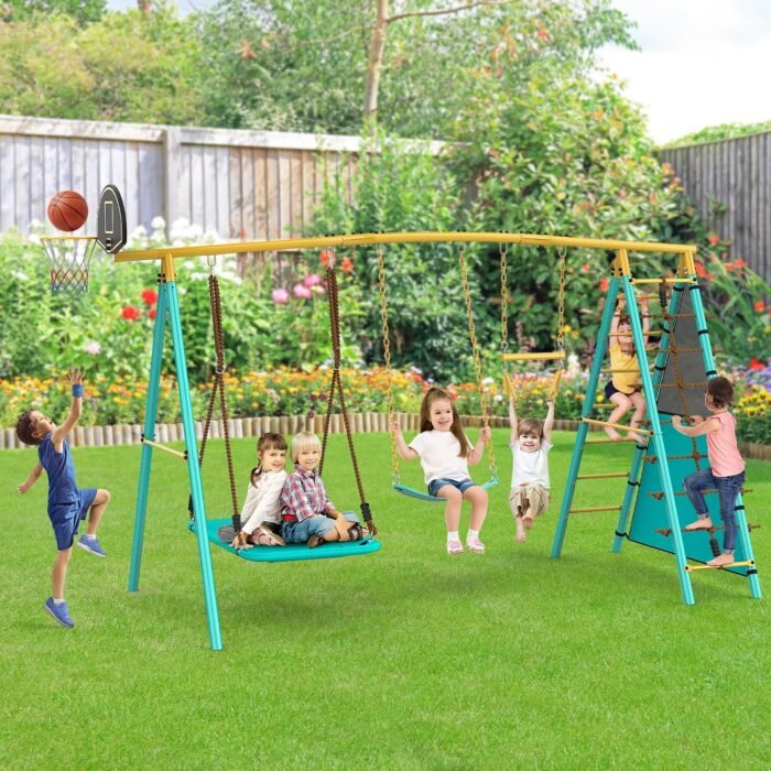 Swing Set for Backyard, Heavy-Duty Metal Swing Sets for Kids with 2 Swings, Climbing Ladder and Nets,Trapeze Bar, Soccer Goals and Basketball Hoop Up to 660lbs - Image 7