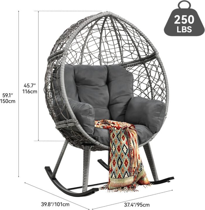 YITAHOME Wicker Rocking Egg Chair with Cushioned Comfort, Patio Rocker 250lb Capacity, Anti-Slip, All-Weather Resilient Rattan Design for Indoor & Outdoor Relaxation Spaces, Grey - Image 2
