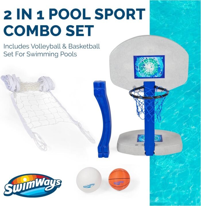 SwimWays 2-in-1 Pool Sport Combo Set - Volleyball Net & Outdoor Basketball Hoop for in- & Above Ground Pool, Outdoor Games for Adults and Family - Image 2
