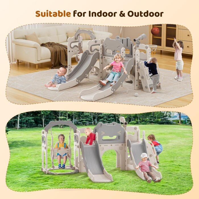 Lischwert Toddler Swing and Slide Set, 10 in 1 Toddler Indoor Playground, Slide for Toddlers, Outdoor Playset Backyard with Basketball Hoop, Tunnel and Storage Space, Kids Double Slide Age 1+ - Image 5