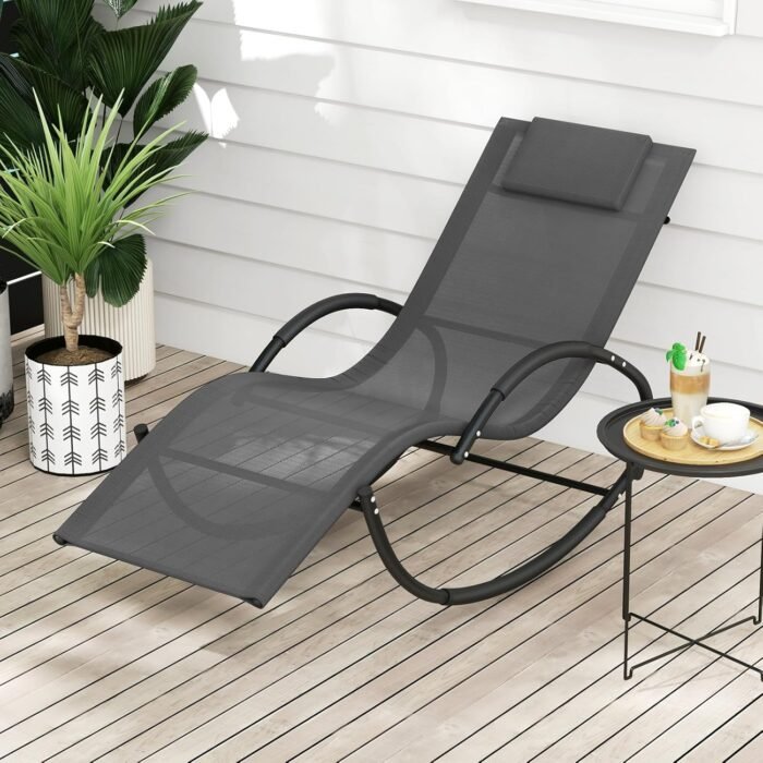 Tangkula Rocking Lounge Chair Outdoor, Zero Gravity Chaise Lounger with Removable Headrest, Fabric Backrest & Seat, Patio Reclining Rocker for Yard, Poolside, Lawn, Garden (1, Grey) - Image 2
