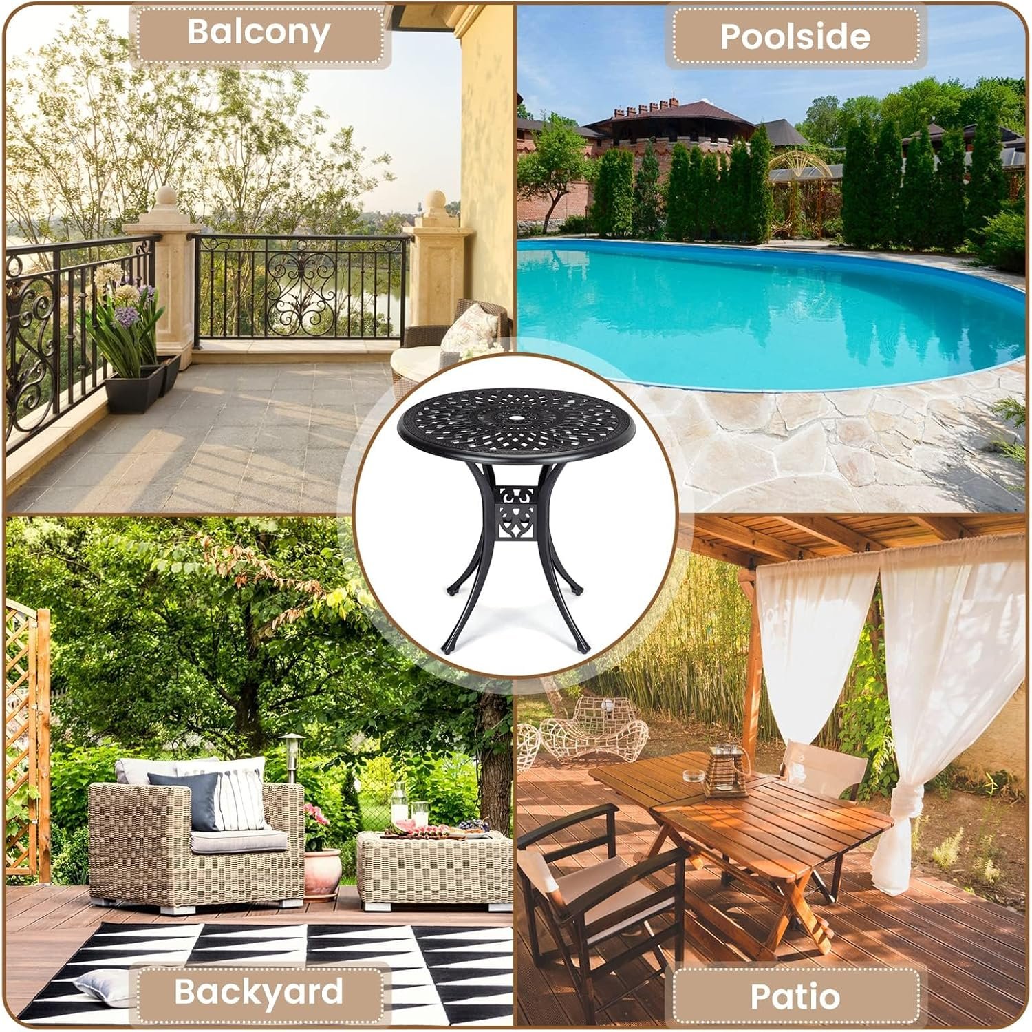 30.25 Inch Patio Bistro Table with Adjustable Feet, Round Outdoor Coffee Table with Umbrella Hole, Outdoor Side Table for Porch, Backyard, Garden, Classic Black - Image 6