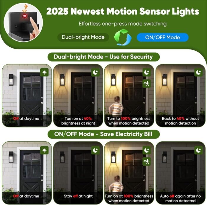 Upgraded Motion Sensor Outdoor Wall Light, 13” Dusk to Dawn Porch Light Outdoor Wall Sconce Lantern, 3 Lighting Modes Exterior Lighting Fixture Wall Mount, Outside Light for House Garage, Black - Image 3