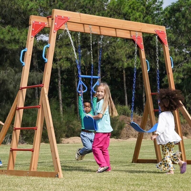 Dolphin Playground Wood Swing Sets for Backyard with Monkey Bar, Kids Outdoor Play Equipment, Outdoor Playset for Kids with Trapeze Swing Bar and 2 Belt Swings, Heavy Duty Playground Accessories