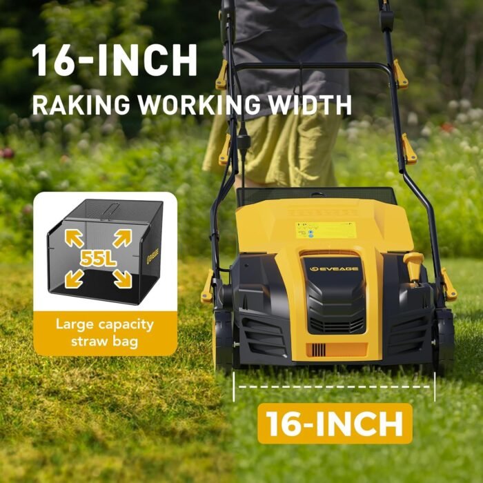 EVEAGE 16-Inch 15-Amp Electric Dethatcher and Scarifier 5-Position Depth Adjustment,Removeable 14.5-Gal Collection Bag,Quick-Fold,Airboost Technology Increases Lawn Health - Image 3