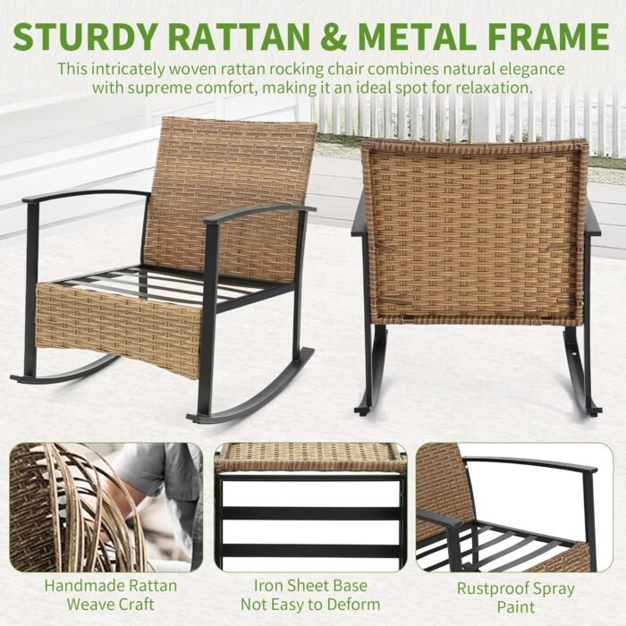 HOMEFUN Outdoor Rocking Chair Set with Cushions and 2-Tier Coffee Table, Rattan Wicker 3 Pieces Patio Bistro Furniture Sets for Garden, Porch, Balcony, Backyard Cream - Image 3