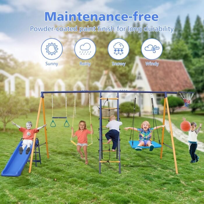 Generic Swing Set Outdoor Heavy-Duty Metal Playset for Kids with Slide,7 in 1 Swing Set - Image 6