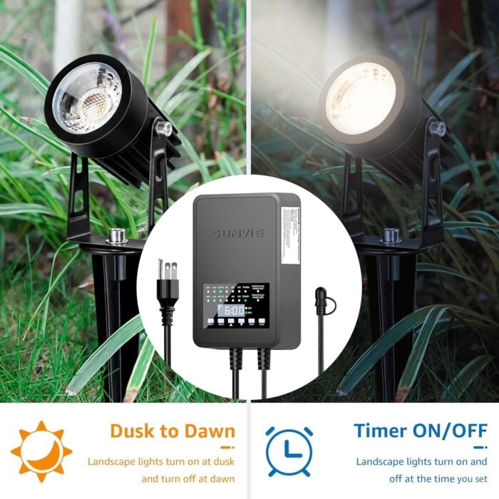 SUNVIE 300W Low Voltage Landscape Transformer with 2 Independent Control Output Landscape Lighting Transformer with Timer and Photocell Sensor 120V AC to 12/14V AC Weatherproof Low Voltage Transformer - Image 4