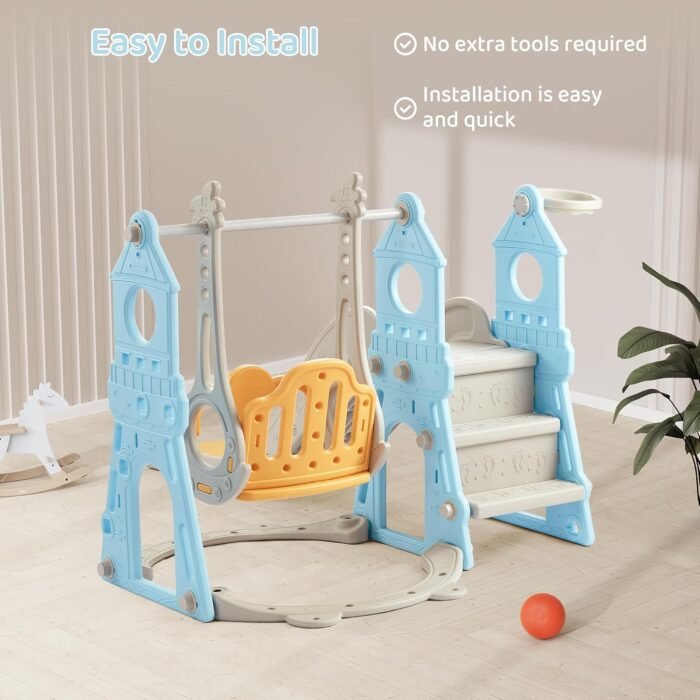4-in-1 Toddler Slide and Swing Set with Extra Large Playground, Basketball Hoop & Climber, Indoor/Outdoor Playset, Castle Collection - Blue & Yellow - Image 7