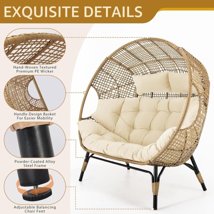 NICESOUL® Double Egg Chair Indoor Outdoor Stationary Oversized Thicken Padded Cushions,2 Person Egg Loveseat Chair,680 lbs Extra Large Lounge Chair for Patio Balcony Porch Backyard Beige, Xmas Gift - Image 5