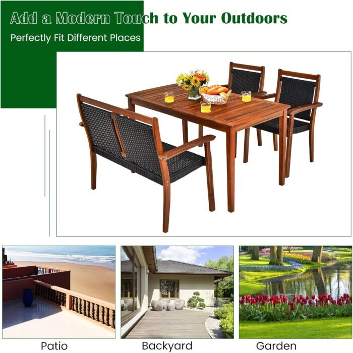 HAPPYGRILL 4 Piece Patio Dining Set Outdoor PE Rattan Space-Saving Dining Table Set with Umbrella Hole, Patio Armchairs and Acacia Wood Table Set for Garden Backyard Poolside - Image 4