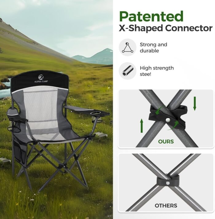 ALPHA CAMP 2PC Oversized Mesh Back Camping Folding Chair Heavy Duty Support 350 LBS Collapsible Steel Frame Quad Chair Padded Arm Chair with Cup Holder Portable for Outdoor (Black-2PC) - Image 4