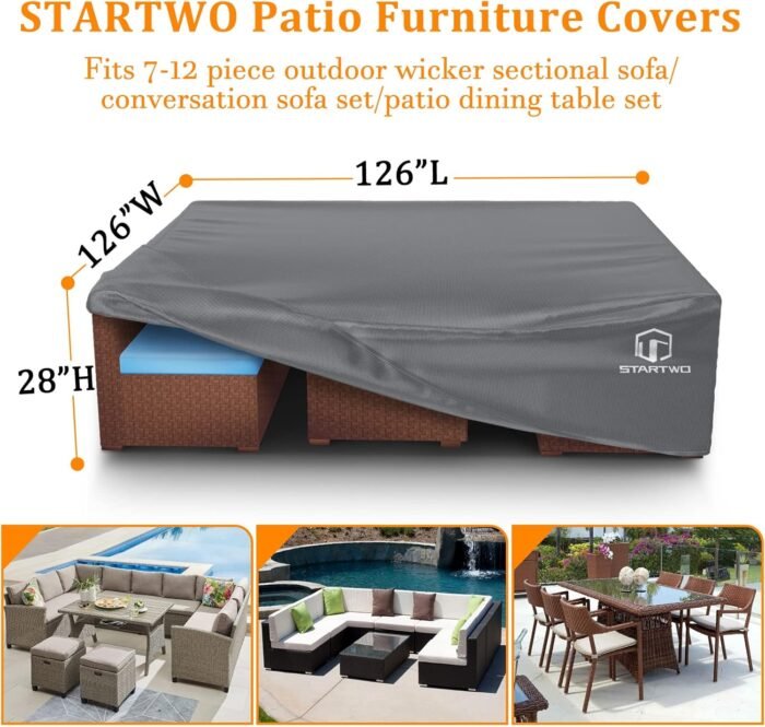 STARTWO Patio Furniture Covers Waterproof Outdoor Lawn Furniture Set Cover for 7-12 Piece Sectional Sofa, Conversation Set Garden Dining Tables Chairs,Grey - Image 2