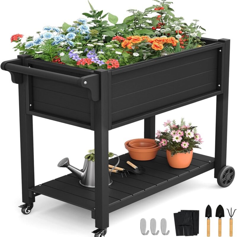 LUE BONA Raised Garden Beds Outdoor, 40 x 21 x 34 in, Raised Garden Bed with Wheels Lockable & Handlebar, Raised Garden Bed with Legs, HDPS Weather Resistant Herb Garden Planter Outdoor, Black